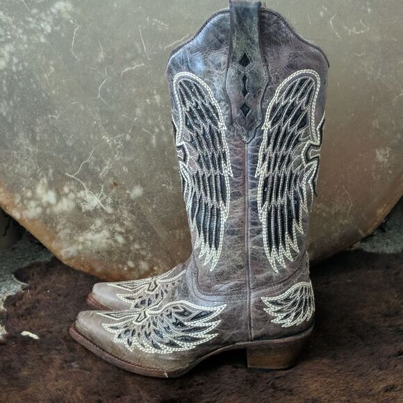 CORRAL A1241 distressed taupe/black winged cross black sequins cowgirl boots 7.5 - Picture 3 of 16